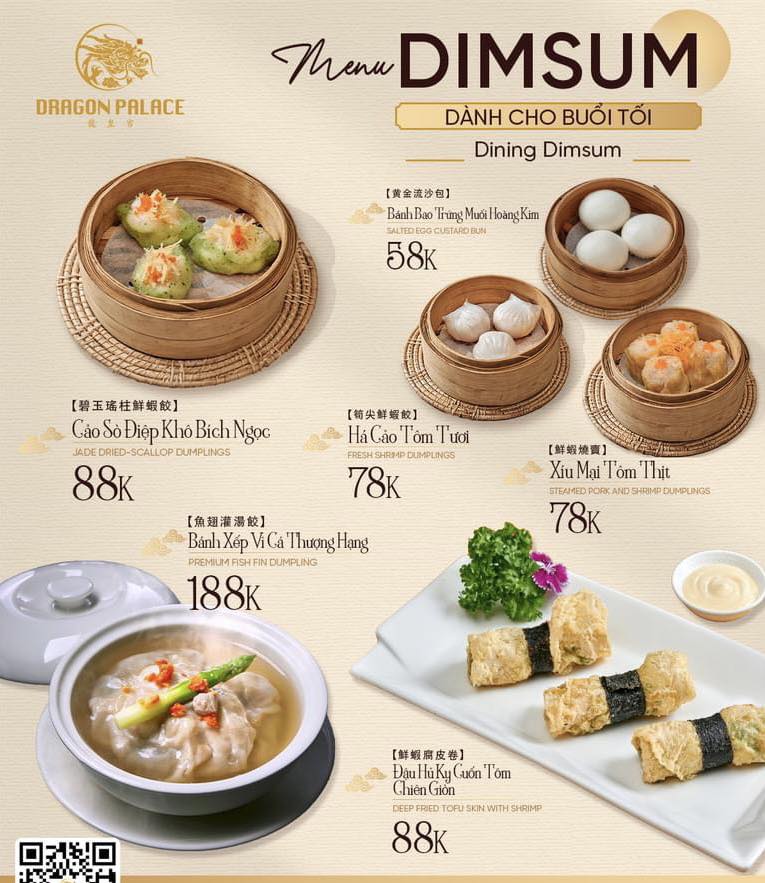 Thực đơn dimsum tại Dragon Palace đa dạng với há cảo, xíu mại, bánh bao kim sa và nhiều món hấp dẫn chuẩn vị Trung Hoa.